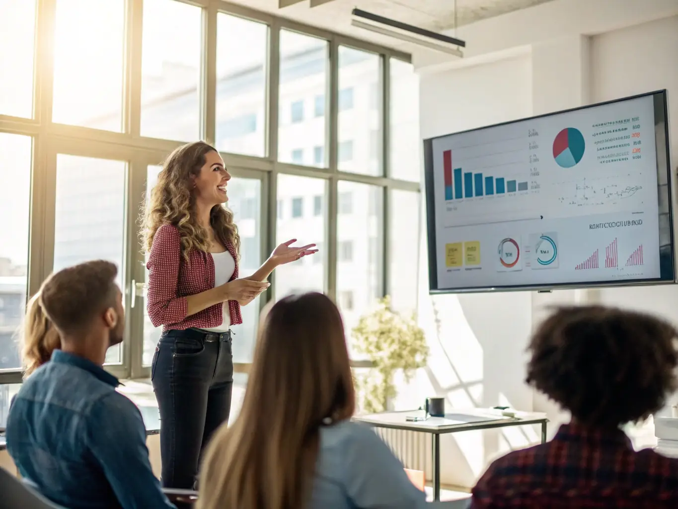 An image of a professional giving a presentation confidently in a modern conference room, showcasing effective communication skills.