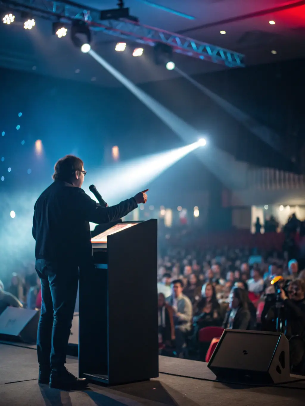 A dynamic speaker on stage, captivating a large audience with a compelling presentation, using visual aids effectively, representing presentation skills development.