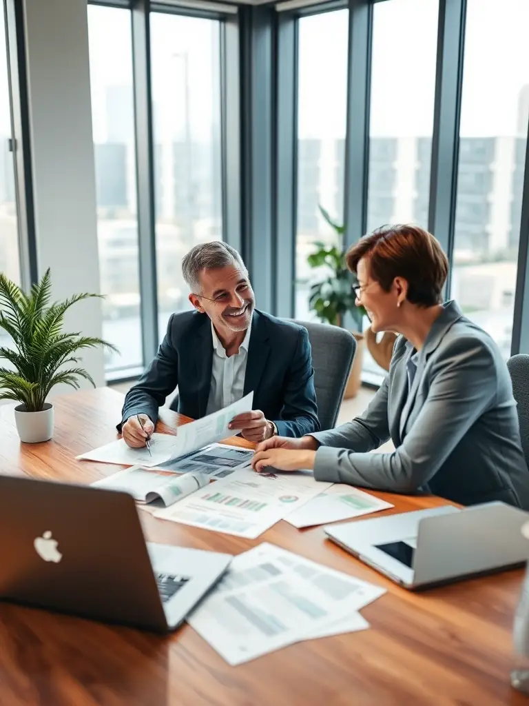 A business coach working one-on-one with a client, reviewing documents and providing guidance in a modern office, symbolizing personalized coaching and mentorship.
