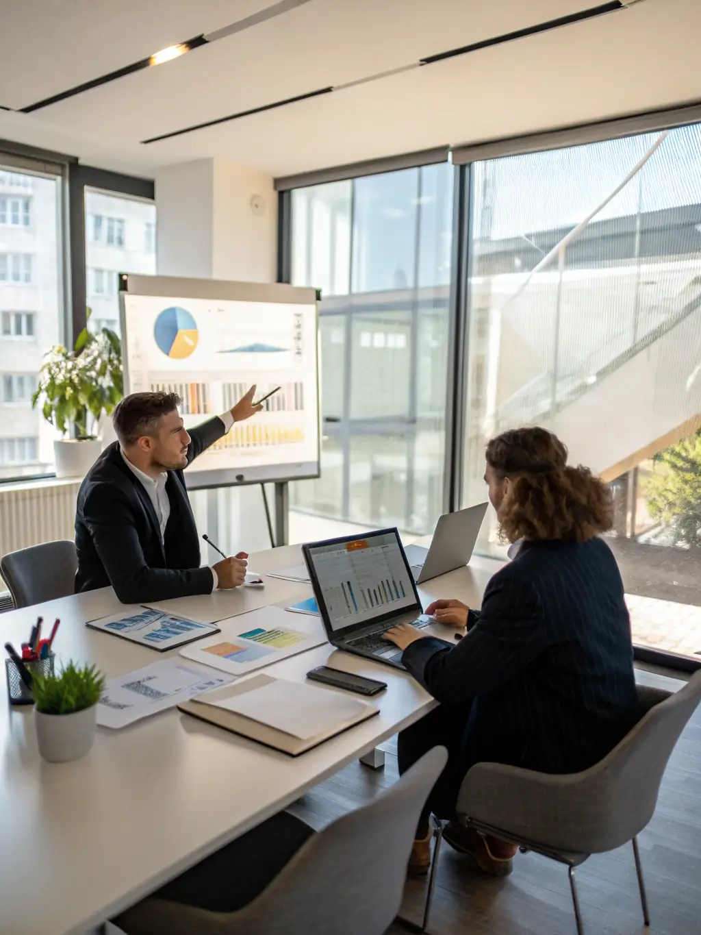 A professional business coach in a sharp suit, confidently gesturing during a presentation to a diverse group of attentive professionals in a modern office setting, symbolizing effective communication coaching.